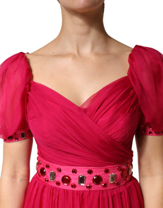 Pink Silk Embellished A-line Midi Dress