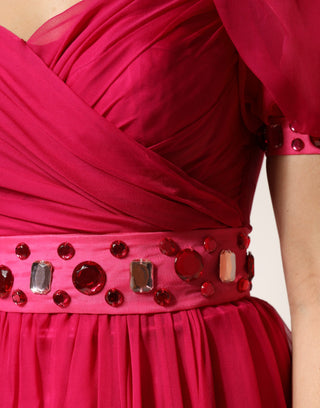 Vestido midi línea A de seda rosa adornado