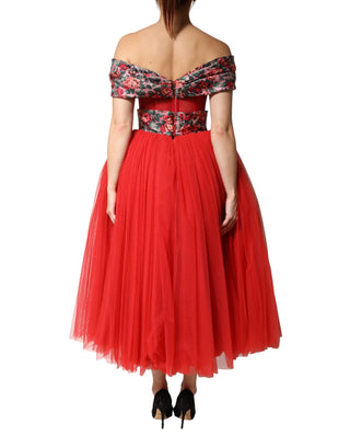 Red Floral Off Shoulder A-line Gown Dress