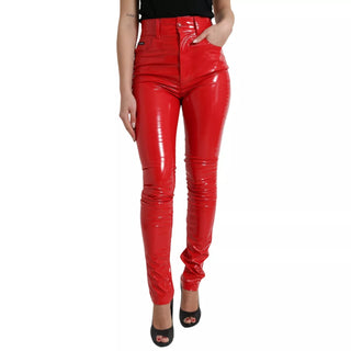 Shiny Red High Waist Skinny Trouser Pants