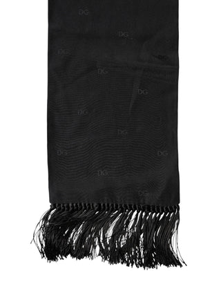 Black Logo Silk Fringes Neck Foulard Scarf