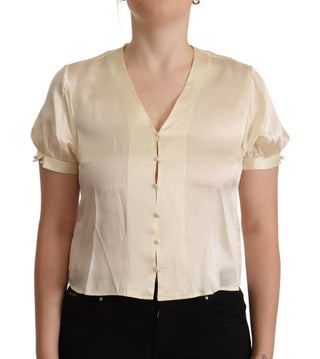 Bluse Off-White Seide Kurzarm V-Ausschnitt Oberteil