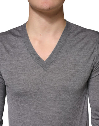Gray Cashmere V-Neck Men Pullover Sweater