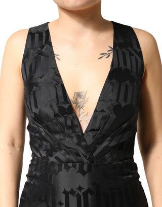 Vestido negro de dos piezas sin mangas con escote en V profundo y jacquard