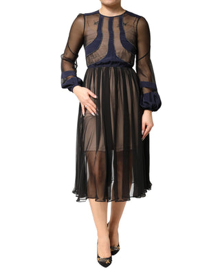 Blue Long Sleeves Sheer Silk Sheath A-line Midi Dress