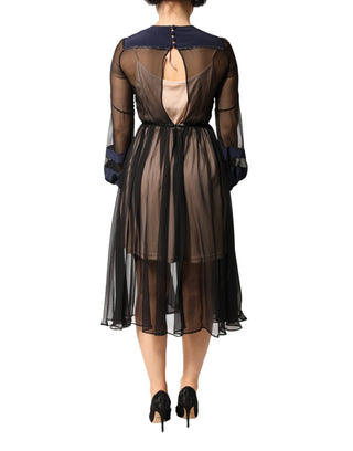 Blue Long Sleeves Sheer Silk Sheath A-line Midi Dress