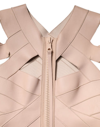 Vestido mini beige de cuero con mangas cortas y corte ajustado
