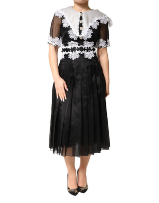 Vestido midi negro y blanco de seda con encaje macramé