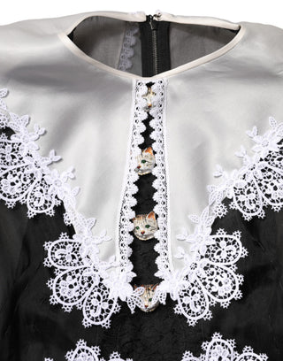 Vestido midi negro y blanco de seda con encaje macramé