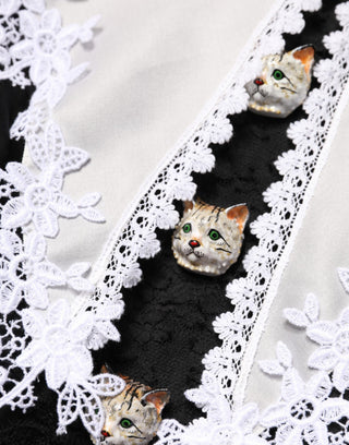 Vestido midi negro y blanco de seda con encaje macramé