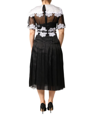 Vestido midi negro y blanco de seda con encaje macramé