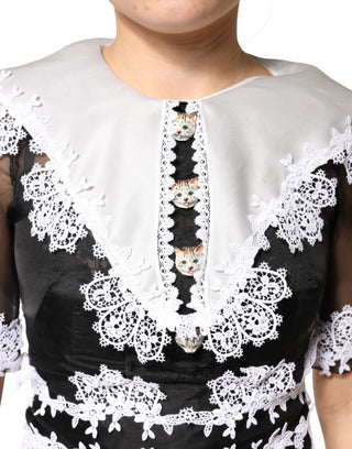Vestido midi negro y blanco de seda con encaje macramé