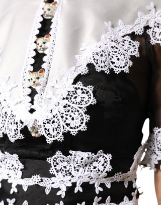 Vestido midi negro y blanco de seda con encaje macramé