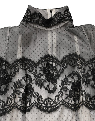 Vestido maxi negro y blanco de mezcla de seda con encaje y corte ajustado