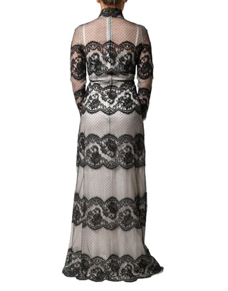 Vestido maxi negro y blanco de mezcla de seda con encaje y corte ajustado