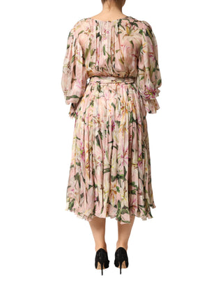 Vestido maxi rosa con estampado de lirios, plisado y corte en línea A