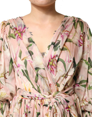 Vestido maxi rosa con estampado de lirios, plisado y corte en línea A