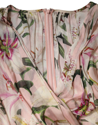 Vestido maxi rosa con estampado de lirios, plisado y corte en línea A