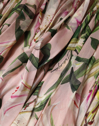 Vestido maxi rosa con estampado de lirios, plisado y corte en línea A