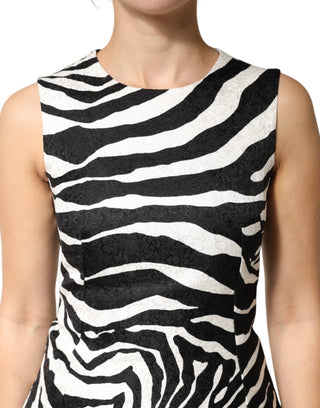 Vestido sin mangas negro y blanco con estampado de cebra y corte en línea A