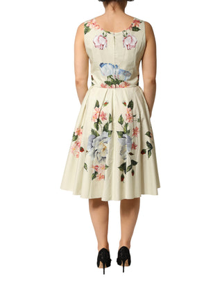 Vestido sin mangas beige con estampado floral y corte en línea A