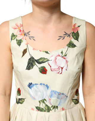 Vestido sin mangas beige con estampado floral y corte en línea A