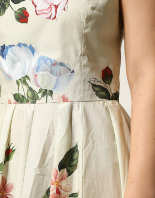 Vestido sin mangas beige con estampado floral y corte en línea A