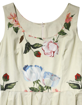Vestido sin mangas beige con estampado floral y corte en línea A