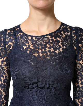 Blue Lace Ruffle A-line Knee Length Dress