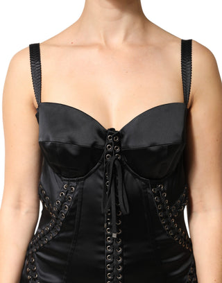 Vestido mini negro de satén con encaje de ojales y acetato