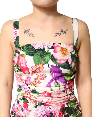 Vestido mini multicolor de seda charmeuse con estampado floral y fruncido