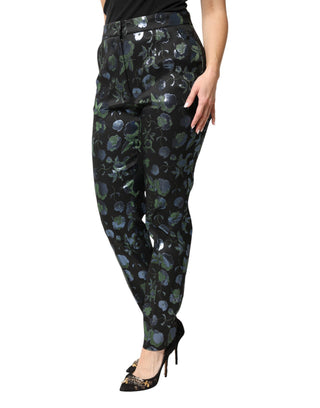 Pantalones ajustados metálicos con flores azul verdoso