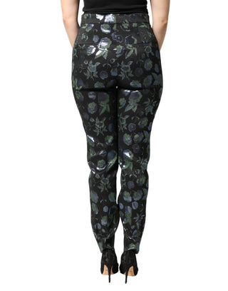 Pantalones ajustados metálicos con flores azul verdoso