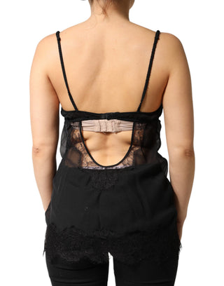Black Silk Floral Lace Chemise Lingerie Top
