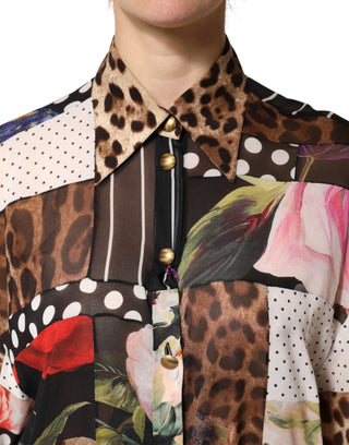 Multicolor Patchwork Silk CollaredBlouse Top