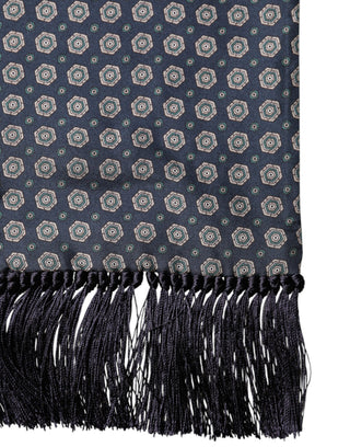 Blue Patterned Silk Fringes Foulard 138cm x 15.5cm Scarf