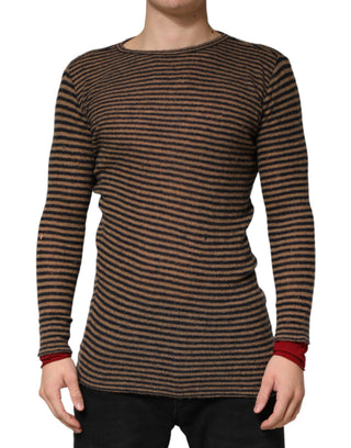 Braun Schwarz Gestreifter Pullover aus Wolle mit Rundhalsausschnitt