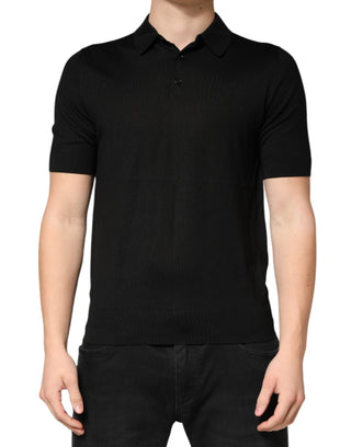 Schwarzes kurzärmeliges Poloshirt aus Seide mit Kragen