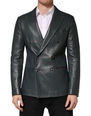 Schwarzer doppelreihiger Zweiknopf-Blazer aus Leder