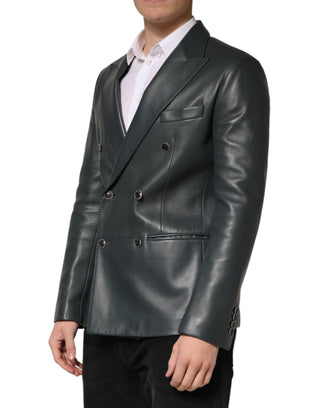 Schwarzer doppelreihiger Zweiknopf-Blazer aus Leder