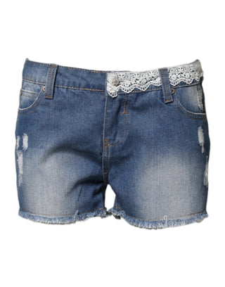 Blue Cotton Low Waist Denim Casual Hot Pants Shorts