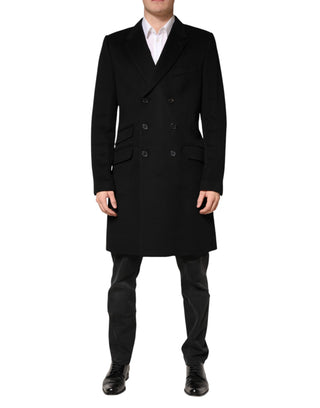 Schwarzer Trenchcoat aus Wolle mit doppelter Knopfreihe