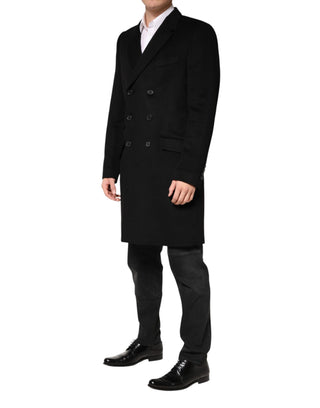 Schwarzer Trenchcoat aus Wolle mit doppelter Knopfreihe