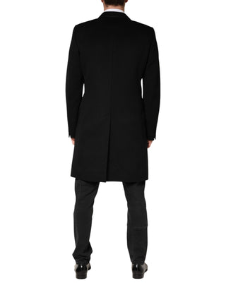 Schwarzer Trenchcoat aus Wolle mit doppelter Knopfreihe