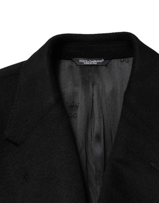 Schwarzer Trenchcoat aus Wolle mit doppelter Knopfreihe