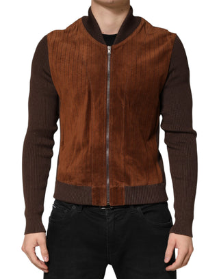 Chaqueta biker marrón de terciopelo y piel de becerro con cremallera completa