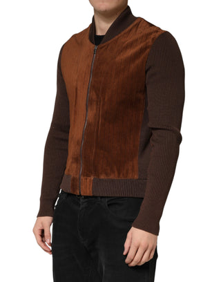Chaqueta biker marrón de terciopelo y piel de becerro con cremallera completa
