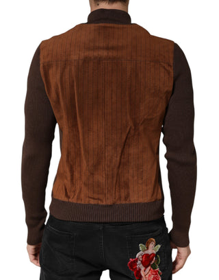 Chaqueta biker marrón de terciopelo y piel de becerro con cremallera completa