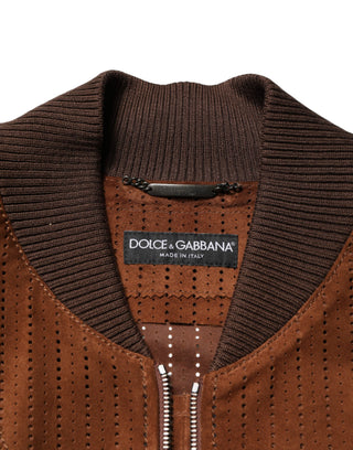 Chaqueta biker marrón de terciopelo y piel de becerro con cremallera completa