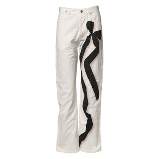 White Straight Bow Details Denim Casual Jeans